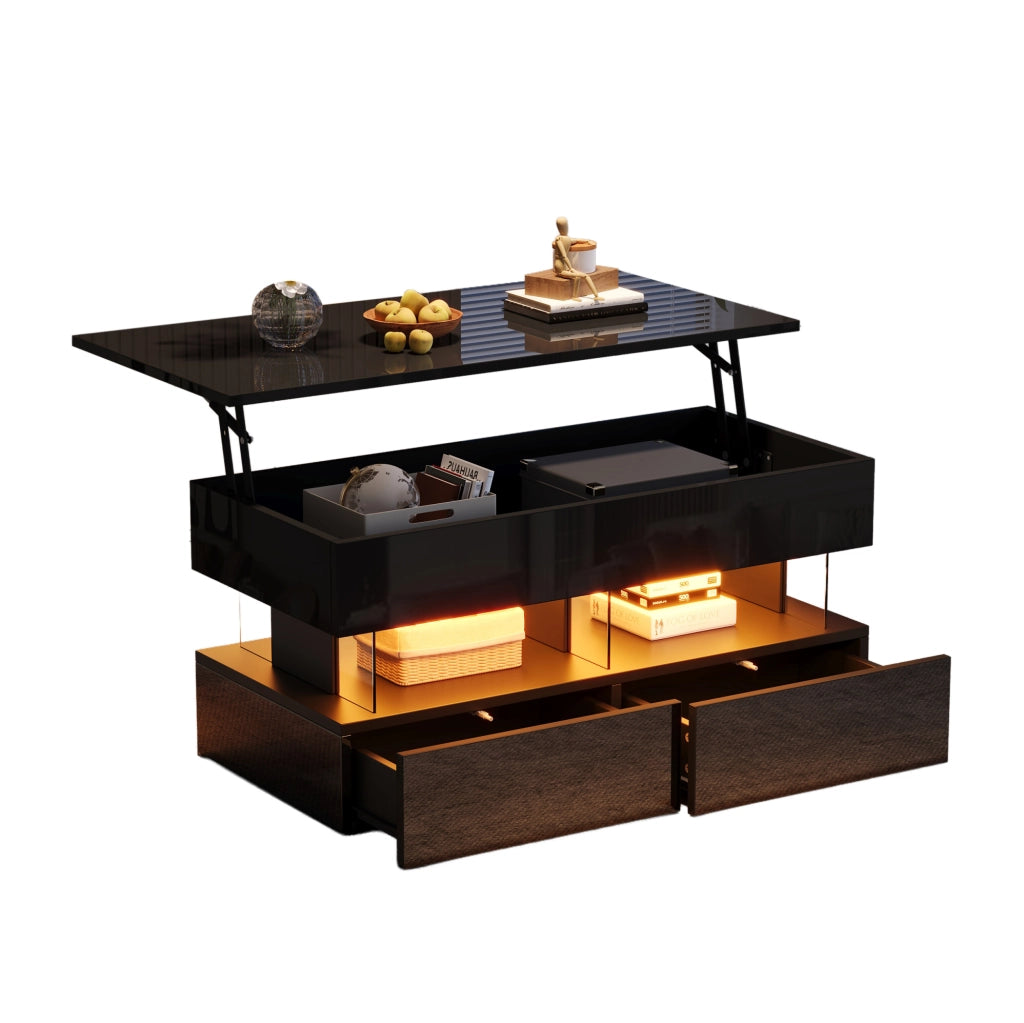 Tavolino da caffè 100x50x46 cm con piano sollevabile; spazio nascosto; 2 cassetti; LED; MDF nero