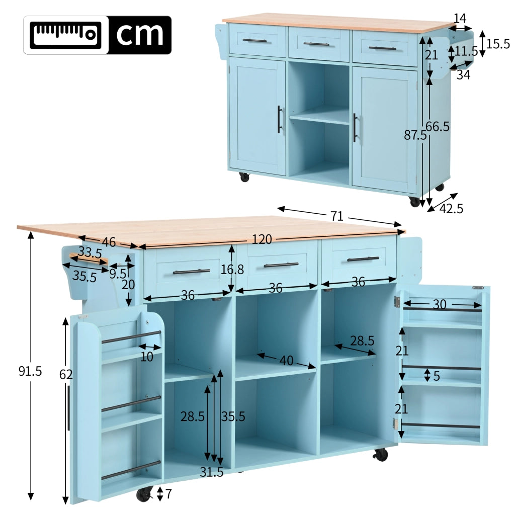 Carrello cucina con piano ribaltabile 139x46(71)x91,5 cm blu in MDF con ruote, cassetti e ripiani regolabili