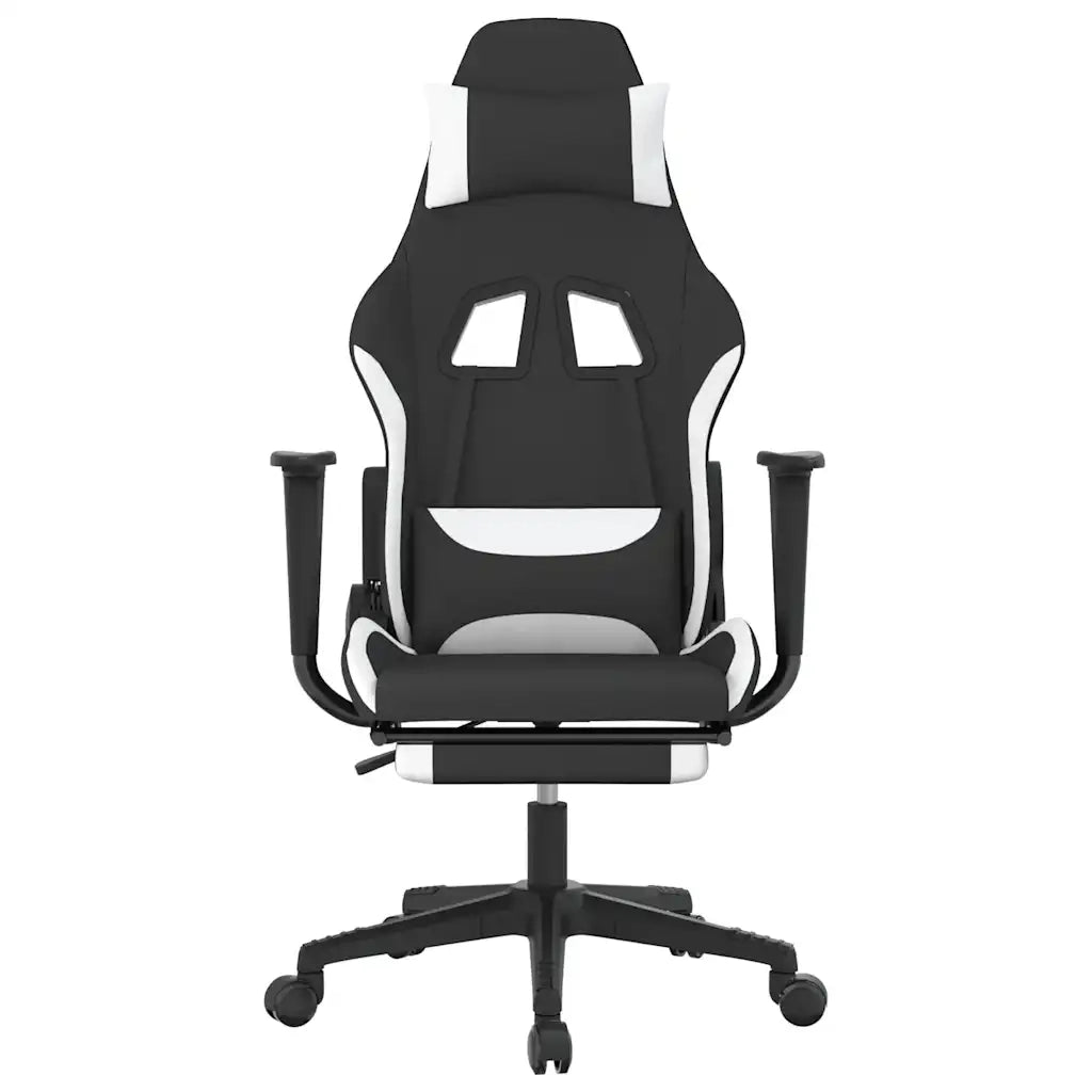 Sedia da Gaming | Sedia da e-sports Massaggio e Poggiapiedi Tessuto Nero e Bianco