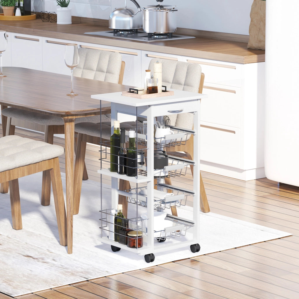 Mobile da cucina con ruote, cassetto, 4 cesti e ripiani laterali ¨C zephmum ¨C bianco 47x37x83 cm