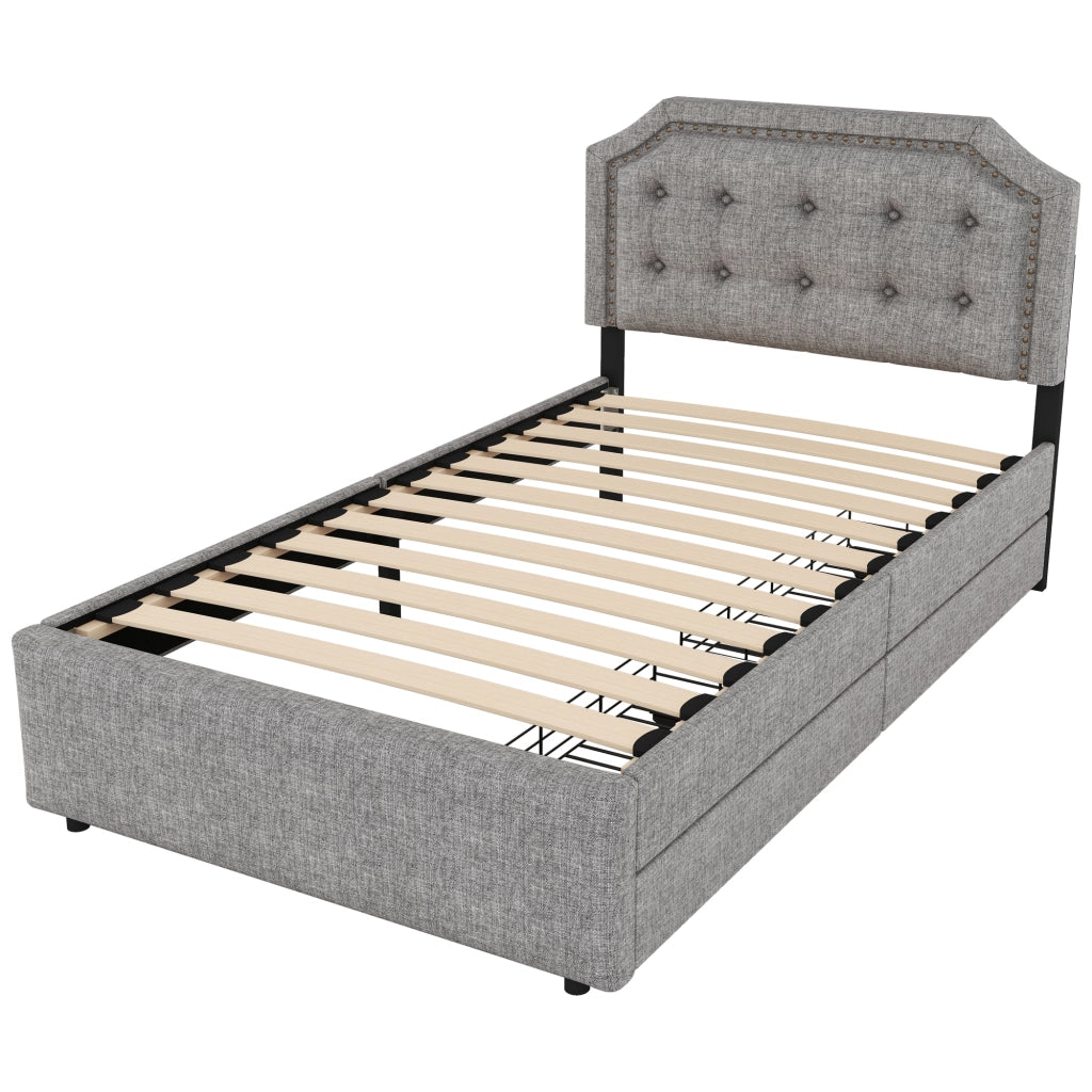 OKWISH Letto Singolo 90×200 cm con 2 Cassetti, Testiera Regolabile e Borchie Decorative, senza Materasso, in MDF, Grigio