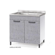 Sottolavello per cucina componibile da 80 cm con due ante, Lavello con vasca a Sinistra + Gocciolatoio, realizzato in legno 100% MADE IN ITALY colore Cemento
