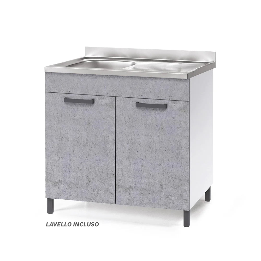 Sottolavello per cucina componibile da 80 cm con due ante, Lavello con vasca a Sinistra + Gocciolatoio, realizzato in legno 100% MADE IN ITALY colore Cemento