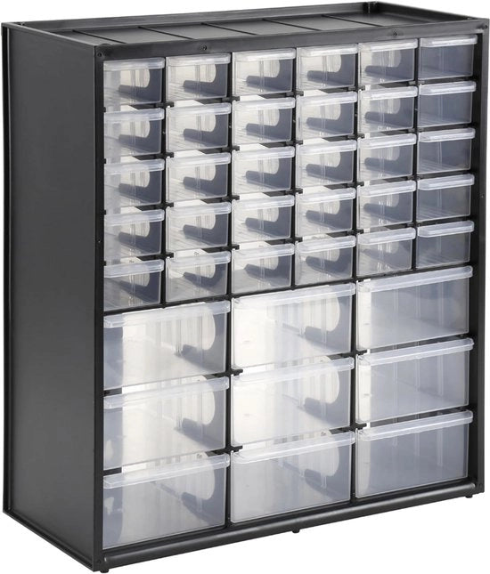 Cassettiere con 39 Lavelle per Piccoli Componenti – 37 x 44 x 16 cm – Modulare e Montaggio a Parete – Lavelle trasparenti