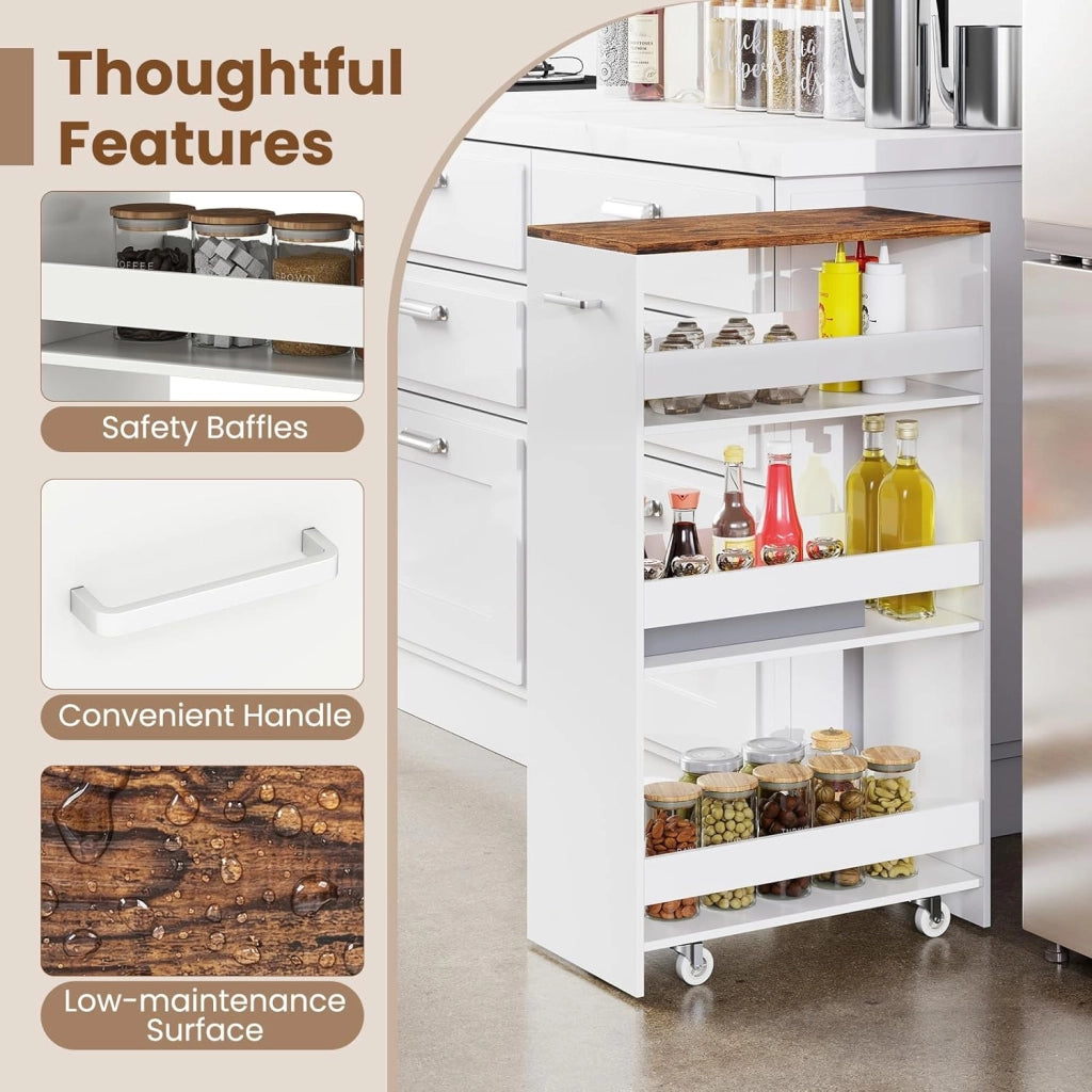 Carrello per Nicchia con Ruote, 4 Livelli，Carrello di Servizio Stretto Salvaspazio, da Bagno, Scaffale da Cucina Sottile 47,5 x 13 x 80,5 cm (Industriale+Bianco, Largo 25 cm)