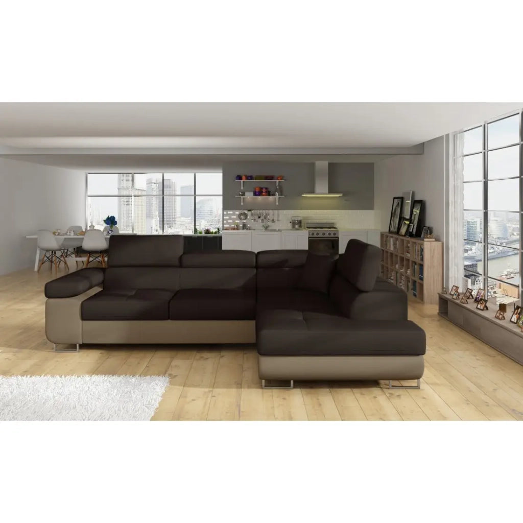 Divano angolare trasformabile MENTON marrone cioccolato e beige – Angolo destro con vano contenitore