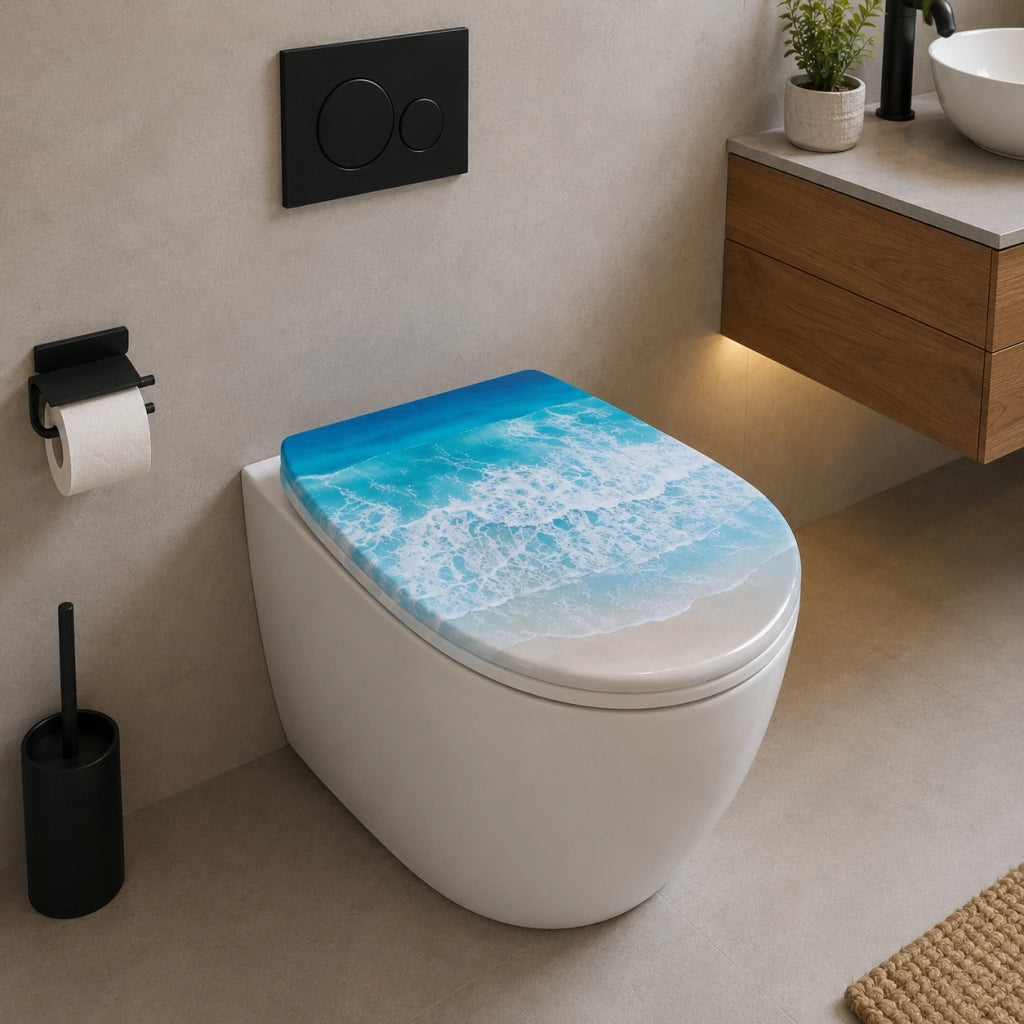 Sedile Copriwater Universale Per Bagn MDF Effetto Onde Marine Con Cerniere 94108