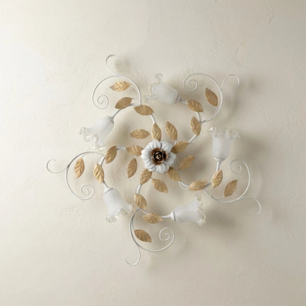 Plafoniera Arte Povera Cesto Metallo Bianco E Oro 5 Luci E14