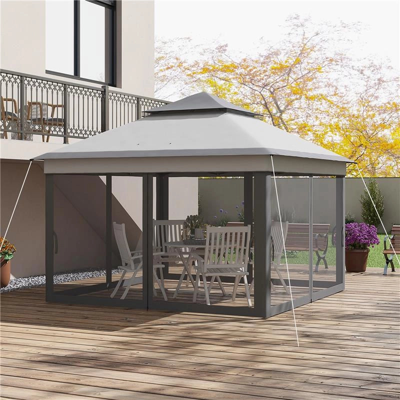GAZEBO CON ZANZARIERE REGOLABILE SU 3 LIVELLI IN ACCIAIO E TESSUTO OXFORD 326X326X272 CM GRIGIO CHIARO E SCURO