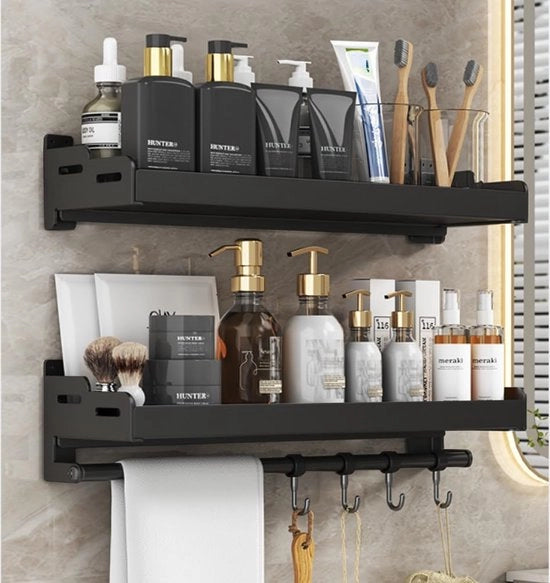 Doucheplank senza foratura, adesivo da parete, acciaio inossidabile con appendiasciugamani e ganci, bagno in acciaio inossidabile, pannello da parete per bagno, cucina, nero, 40 cm
