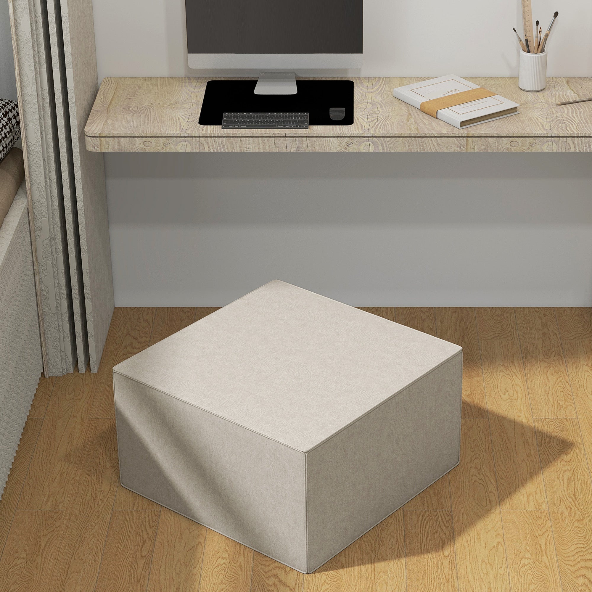 Pouf Poggiapiedi 75x75x41 cm Rivestimento Rimovibile Tessuto Effetto Lino Beige