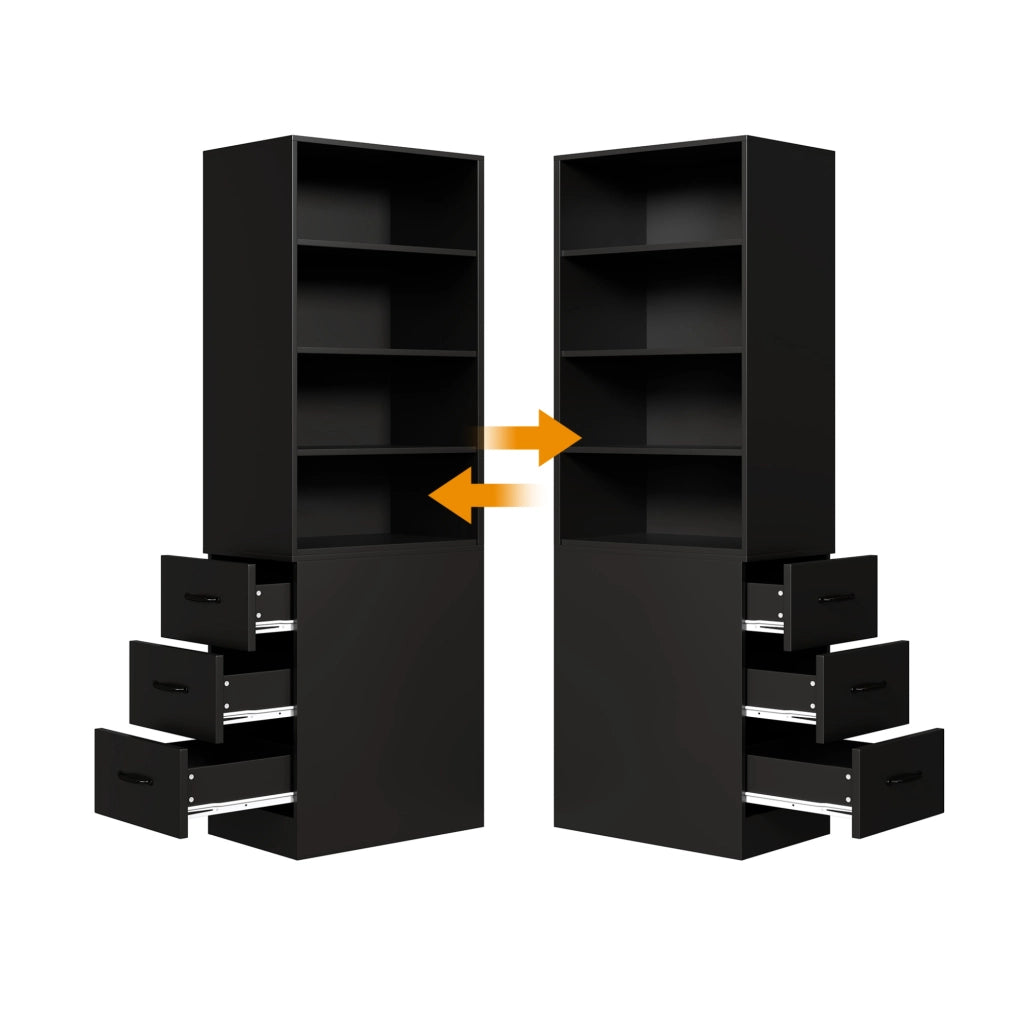 Libreria stretta 60x38x180 cm con 3 cassetti laterali e ripiani regolabili; nera