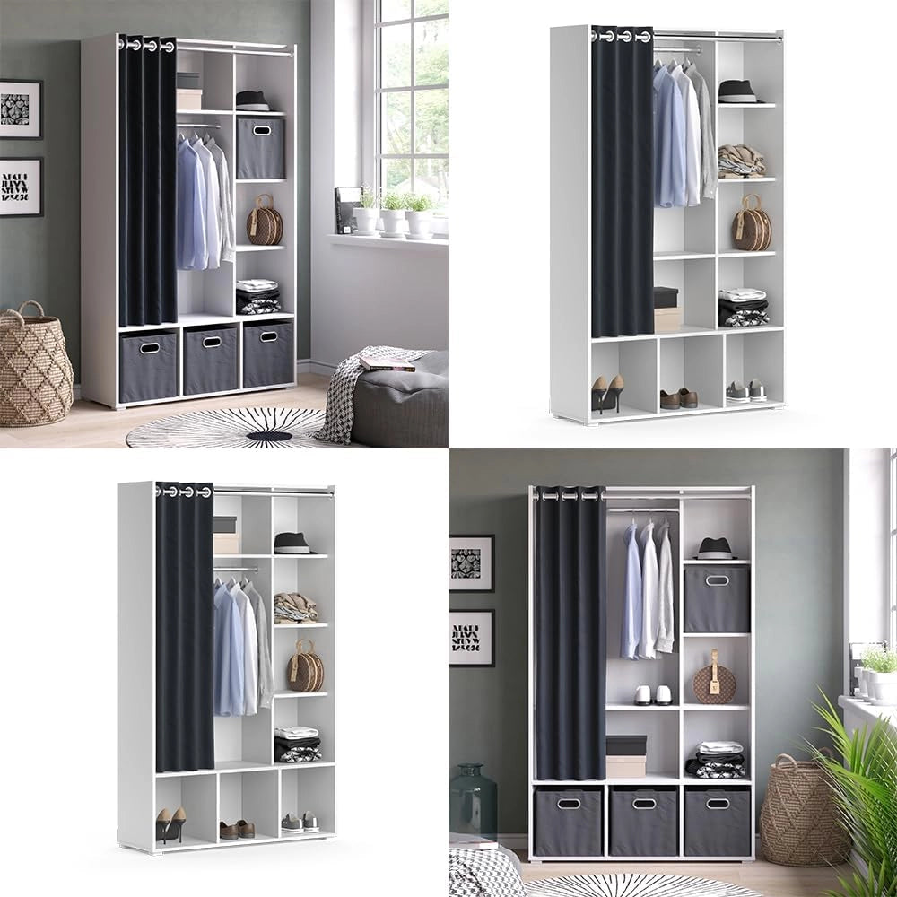 Armadio multifunzione Luigi, Bianco, 38 x 178.1 cm con binario per tendeper uno stoccaggio flessibile