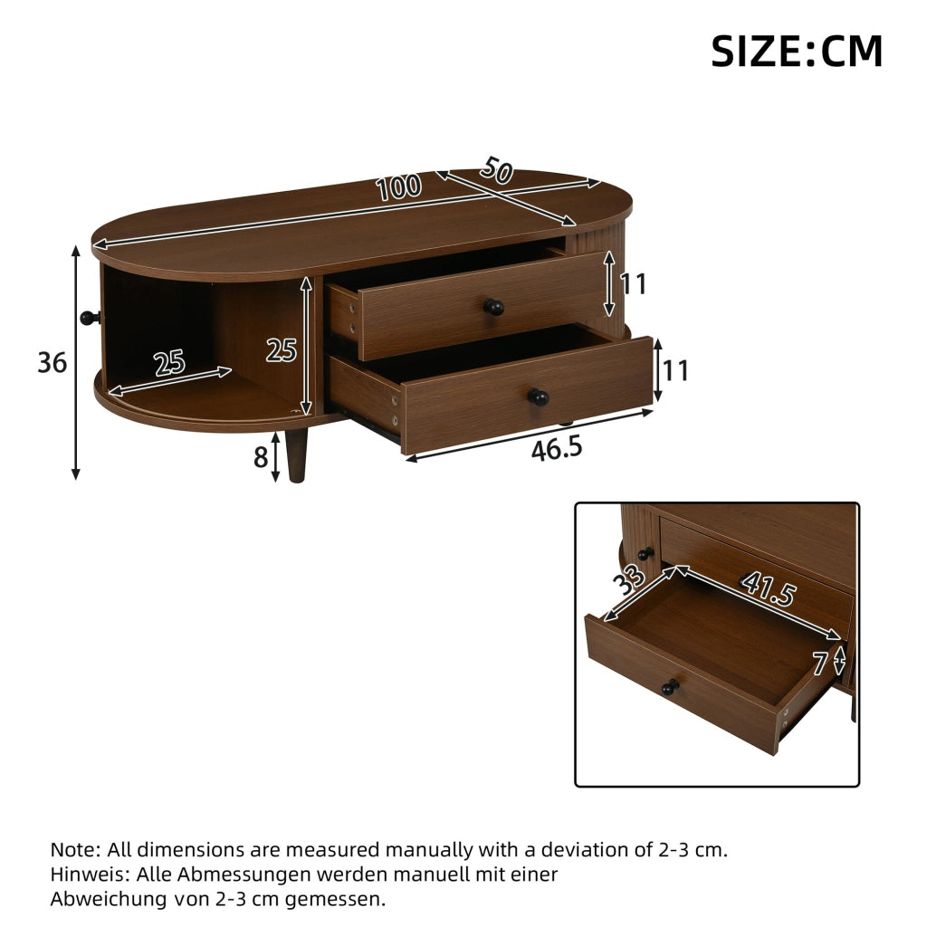 Tavolino basso con 2 cassetti e ante scorrevoli, in MDF con gambe in legno massello, noce 100 × 50 × 36 cm
