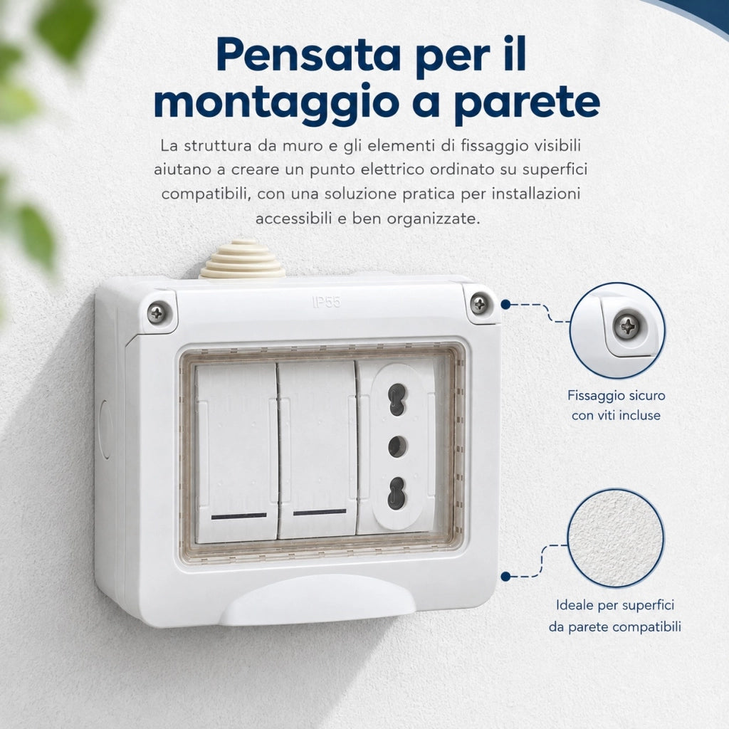 Cassetta Elettrica Esterno IP55 con Presa Italiana e 2 Interruttori