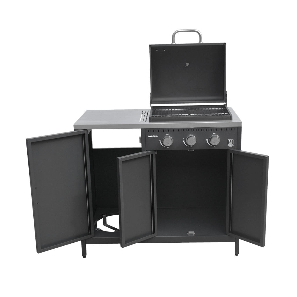 Barbecue a gas 3 bruciatori, 3 ante, 2 spazi di stoccaggio, nero