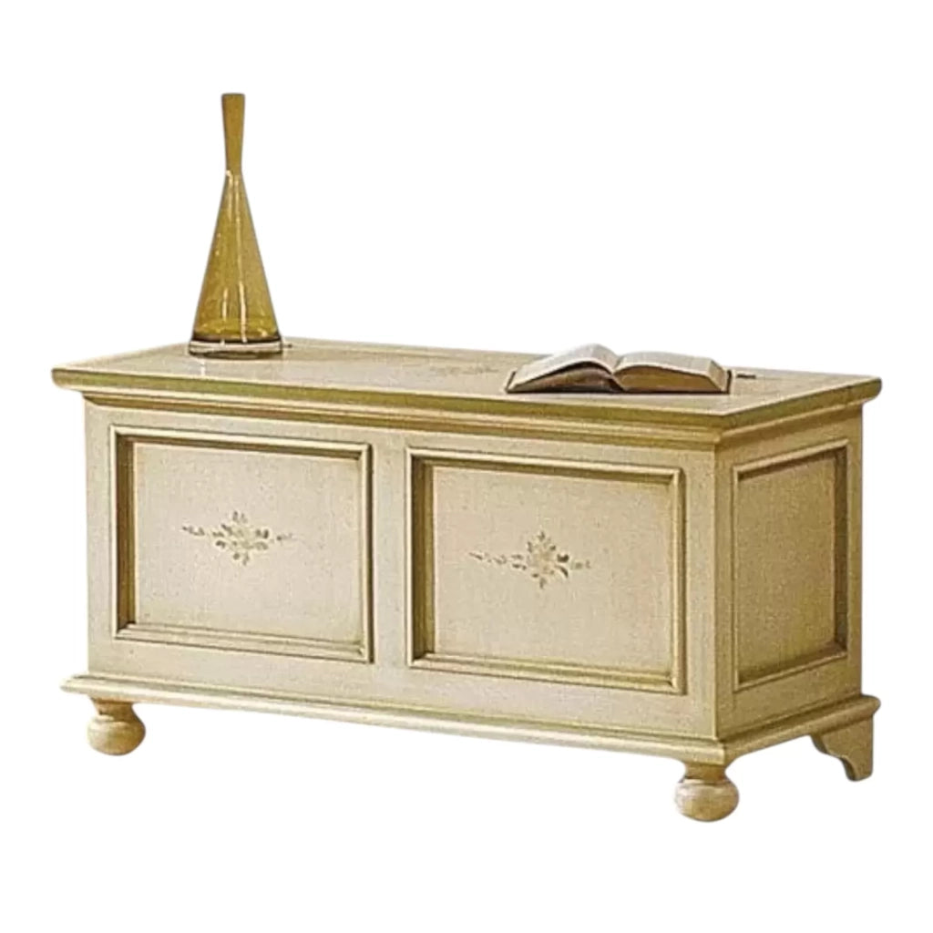 Cassapanca in legno laccato avorio con profilo verde l.120x p.44 h.51 (1348) - Mobili 2G