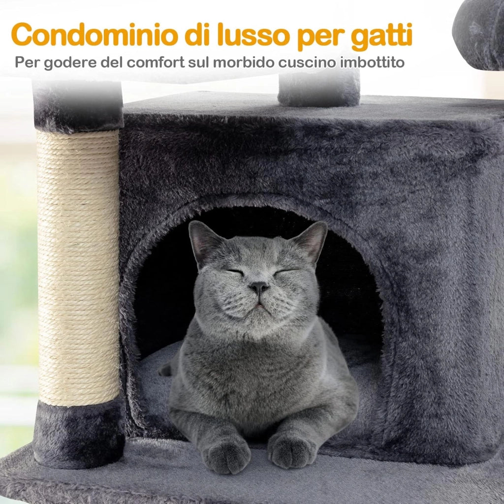 Tiragraffi per Gatti Adulti, Tiragraffi per Gatti con Cuccia, Piattaforma, Cuscini e Tiragraffi, Albero Tiragraffi per Gatti Grandi Alto in Legno, 60 x 50 x 170 cm