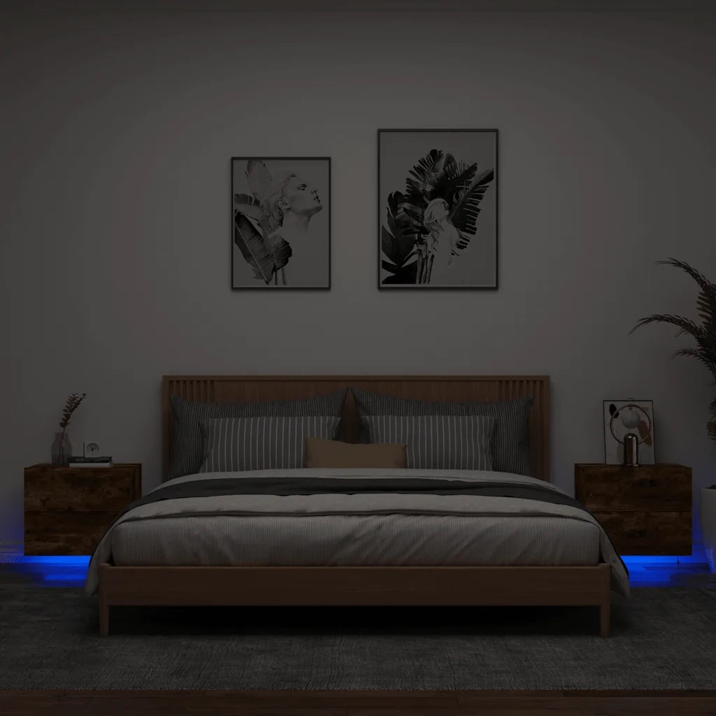 Set di 2 Comodini | Armadio da Notte | Mobiletto da notte a Parete con luci LED Rovere Fumo