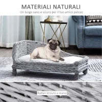Cuccia per Animali Domestici Forma Chaise Longue in Vimini Grigio Cuscino in Pile 69x42x33cm