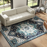 Tappeto Boho Antiscivolo e Lavabile 230x160 cm a Pelo Corto in Effetto Cashmere Blu