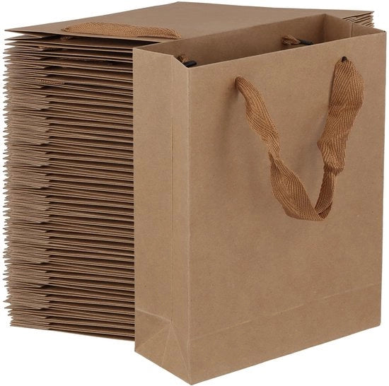 60 sacchetti di carta marrone con manico, 15 x 20 x 6 cm, 60 pezzi, sacchetti di carta kraft con manico per pacchi di regalo, sacchetti di carta per il trasporto di pacchi di regalo, sacchetti di carta per il commercio e la confezione