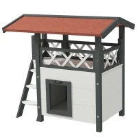 Casetta per Gatti da Esterno con Terrazza e Scaletta in Legno, 77x50x73cm, Bianco e Grigio