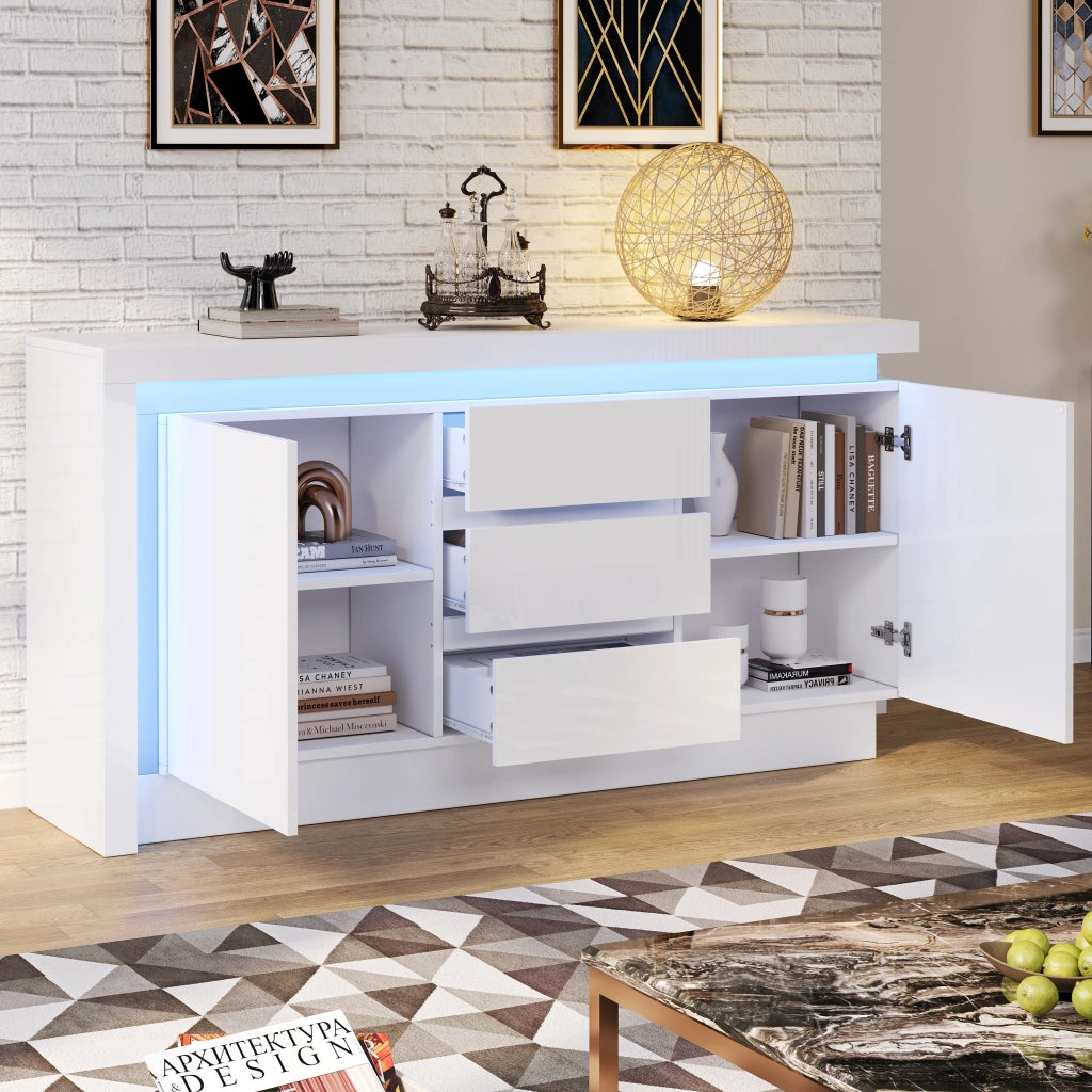 Credenza con 2 ante; 3 cassetti e LED - per soggiorno - 140×35×72 cm - bianco