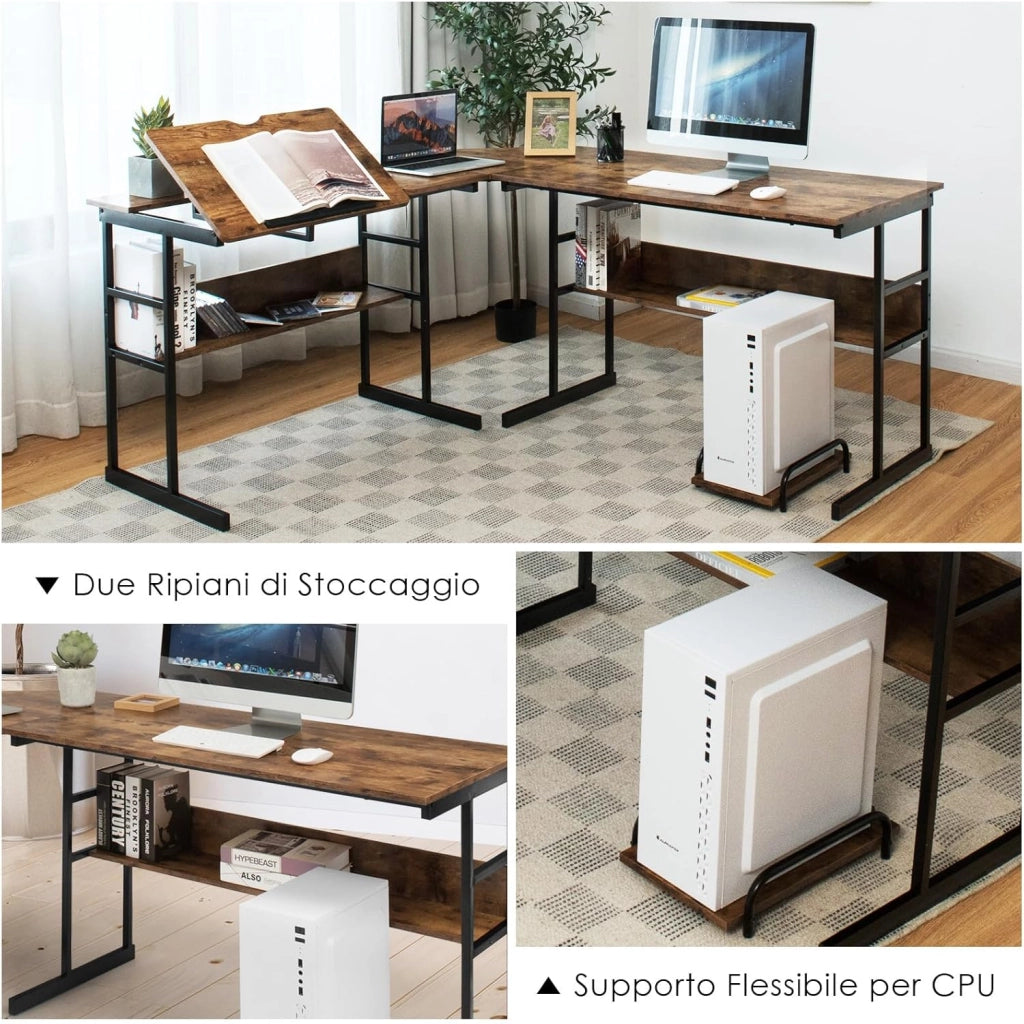 Scrivania Angolare 170 CM, Scrivania per Computer ad Angolo Moderna con Piano Inclinabile, Scaffale Inferiore e Supporto per CPU, Scrivania a Forma di L per Ufficio e Studio (Marrone)