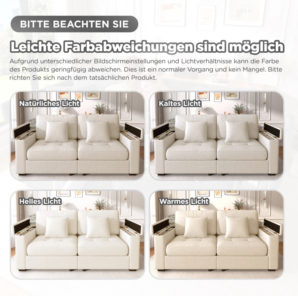 Divano 2 posti 180 cm con contenitore nei braccioli; in tessuto Chenille beige