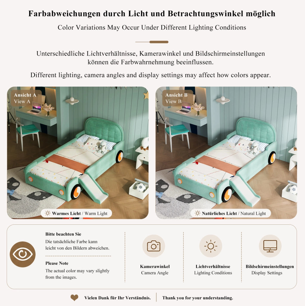 Letto a forma di auto ULEVR 90x200 cm con scivolo e scala reversibili, imbottito blu-verde