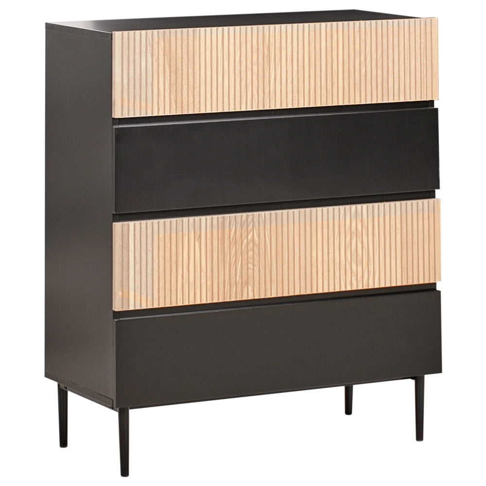 Cassettiera a 4 cassetti in legno di frassino naturale MDF nero a coste Soggiorno Camera da letto Moderna Stoccaggio