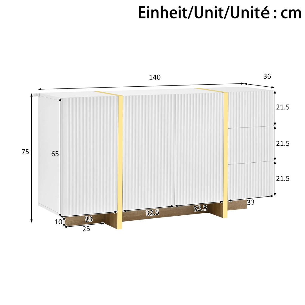 SIDEBOARD 140x36x75 cm 3 Ante e 3 Cassetti Bianco MDF e Pannello di Truciolare