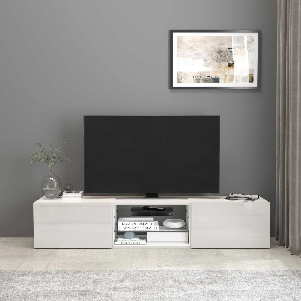 WHOUS Mobile porta tv Egypt a 2 ante e 2 ripiani in vetro bianco lucido 180x38x35 cm
