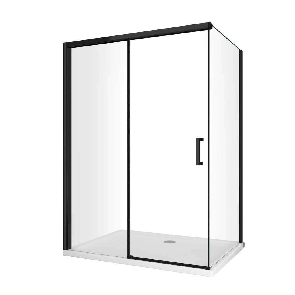 Box Doccia Ad Angolo Con Parete Fissa Laterale e Porta Frontale Con Chiusura Soft Close Ammortizzata H 200 8 MM Telaio Nero Opaco Cm 120 (118-120) x 120 (117-120)
