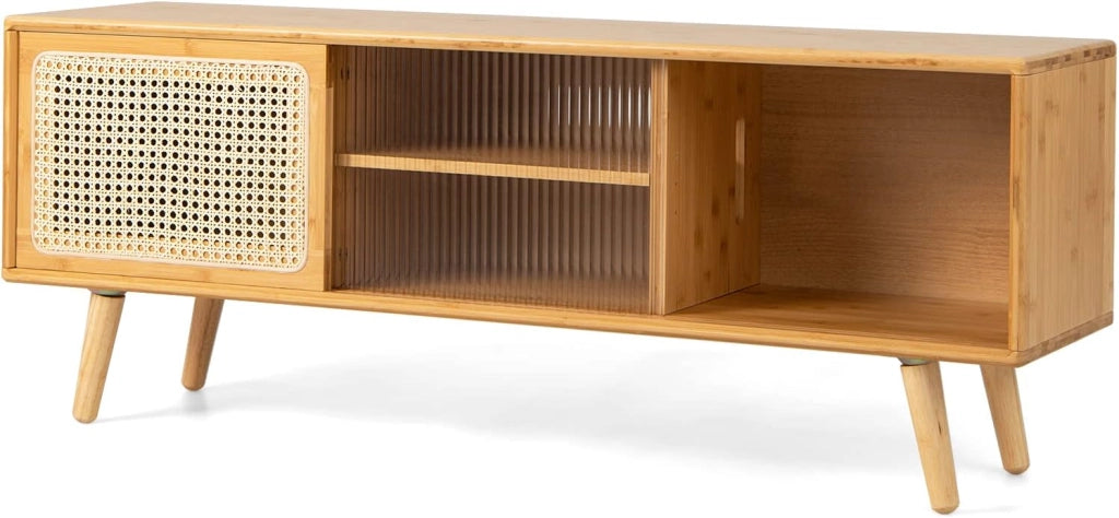 Mobile TV da 120 cm con 2 Ripiani，Supporto TV in Bambù, con Porte Scorrevoli in Rattan e Vetro Temperato,120,5x31x45,5 cm
