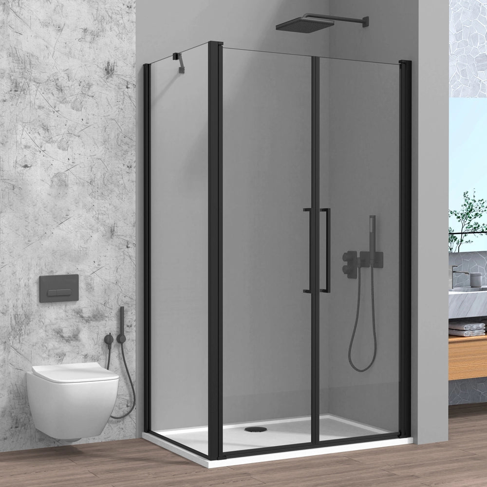 Box doccia angolare 70x90 con apertura saloon in vetro temperato trasparente con profili nero opaco Neos