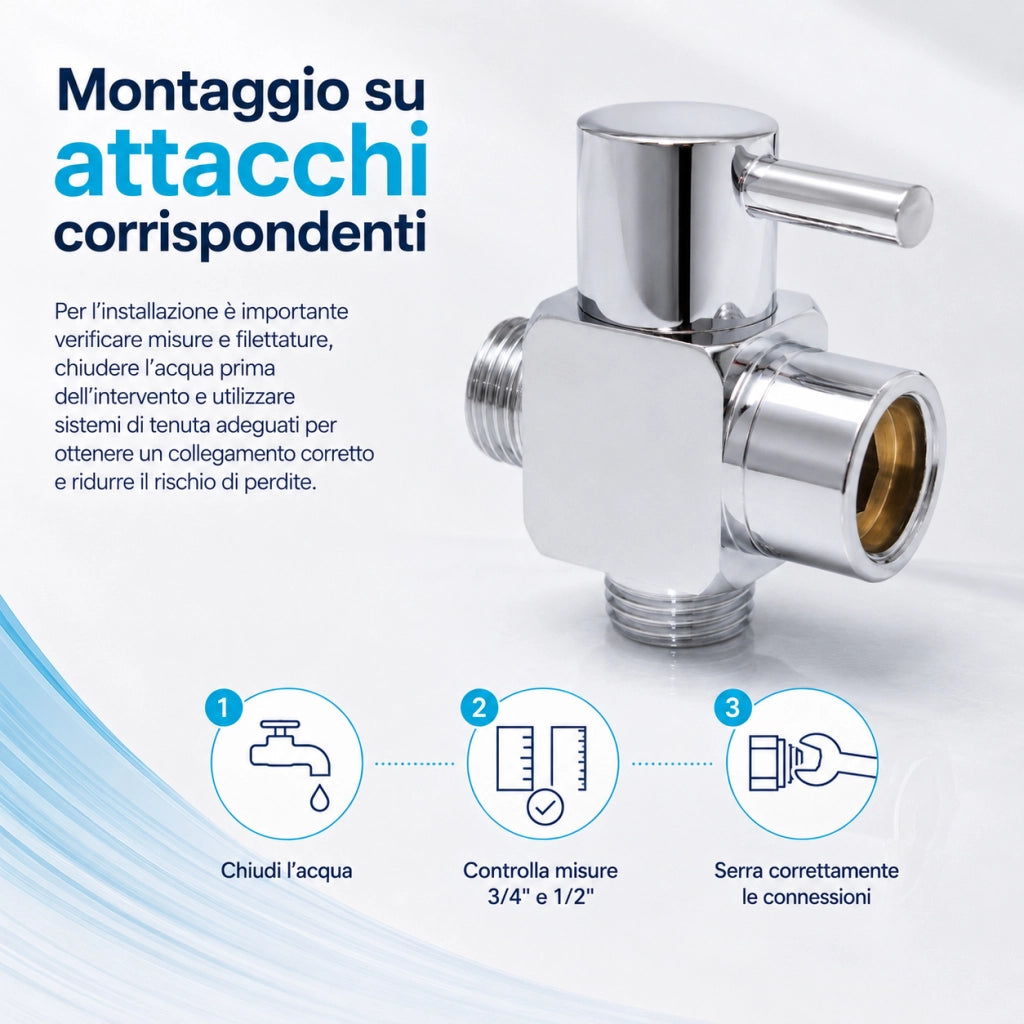 Valvola Deviatrice 3 Vie Doccia Ottone Cromato 1/2" 3/4" 79353