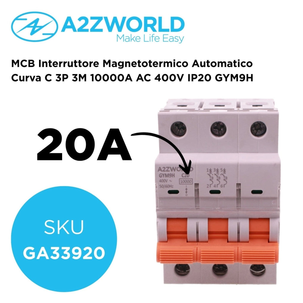 MCB Interruttore Magnetotermico Automatico Curva C 3P 3M 10000A AC 400V IP20 GYM9H, Accoppiabile Con Bobina di Sgancio GA01231 GA01232, Disponibili 16A 20A 25A 32A 40A 63A (C20A)