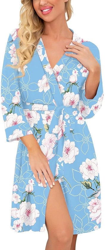 Kimono da bagno per donna Leggero Abito da camera corto V-neck Kimono da bagno Casual Abito da camera leggero con intreccio di sauna (fiori azzurri chiaro, S)