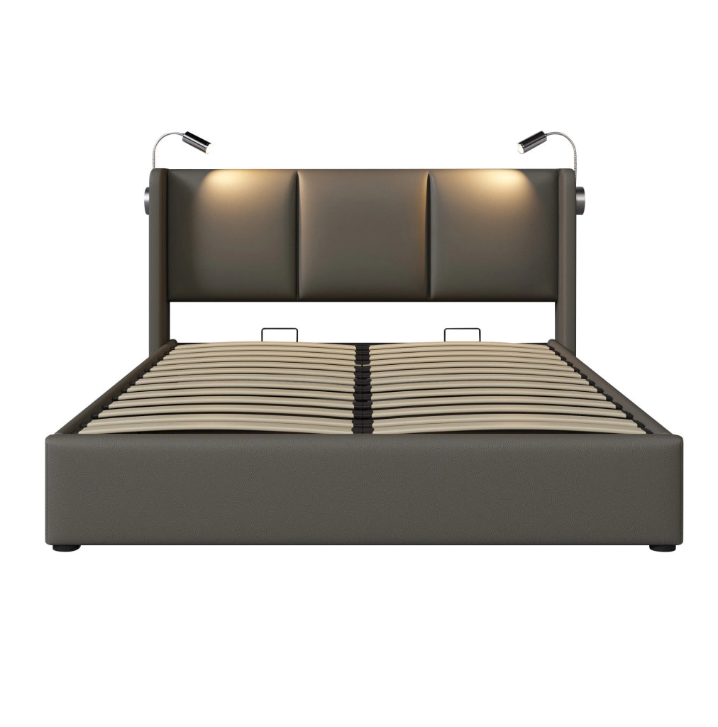Letto matrimoniale imbottito con contenitore, luci di lettura e ricarica USB