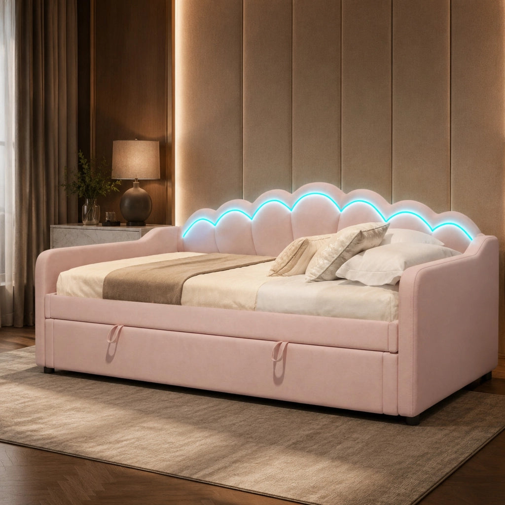 Divano letto singolo 90x200 cm in velluto rosa con contenitore; LED e testiera ondulata
