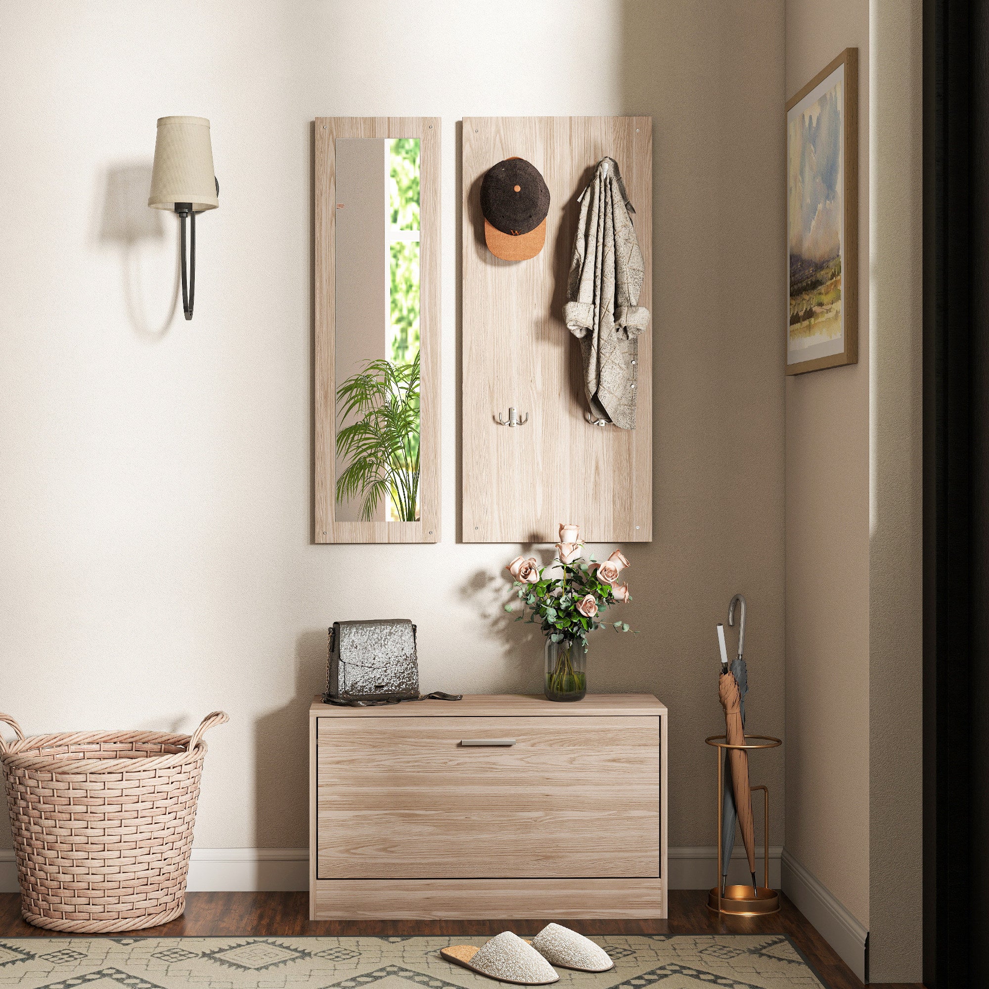 Set Mobili da Ingresso con Panca Scarpiera Appendiabiti a Muro e Specchio in Legno Truciolare Marrone Scuro