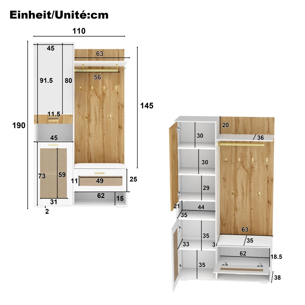 Set da ingresso con armadio a 3 ante, specchio, panca, vani a giorno e 6 ganci, MDF bianco e legno