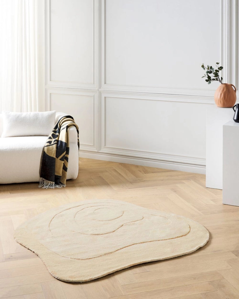 Tappeto Area Beige Viscosa Lana 160 x 160 cm Fatto a Mano Low Pile Soggiorno Cotone Moderno