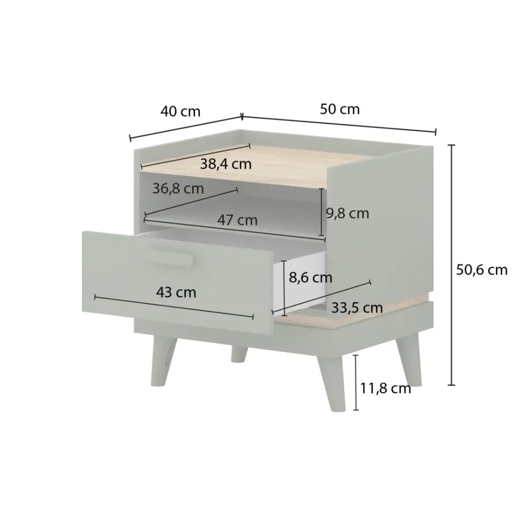 Tavolino da notte NOKI – Verde e legno – 1 cassetto stile scandinavo