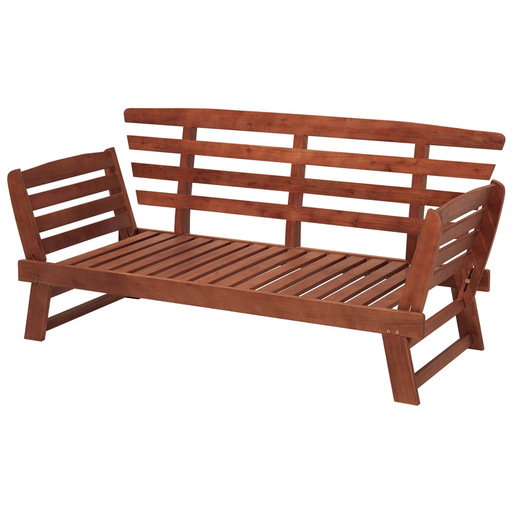 Panca da giardino in legno di eucalipto scuro cuscini grigi per esterni a 2 posti con braccioli reclinabili