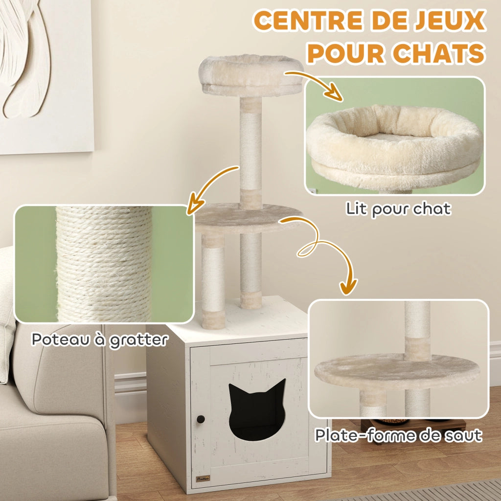 Tiragraffi per Gatti con Lettiera Nascosta ¨C Xylo ¨C 129 cm Crema 2-in-1