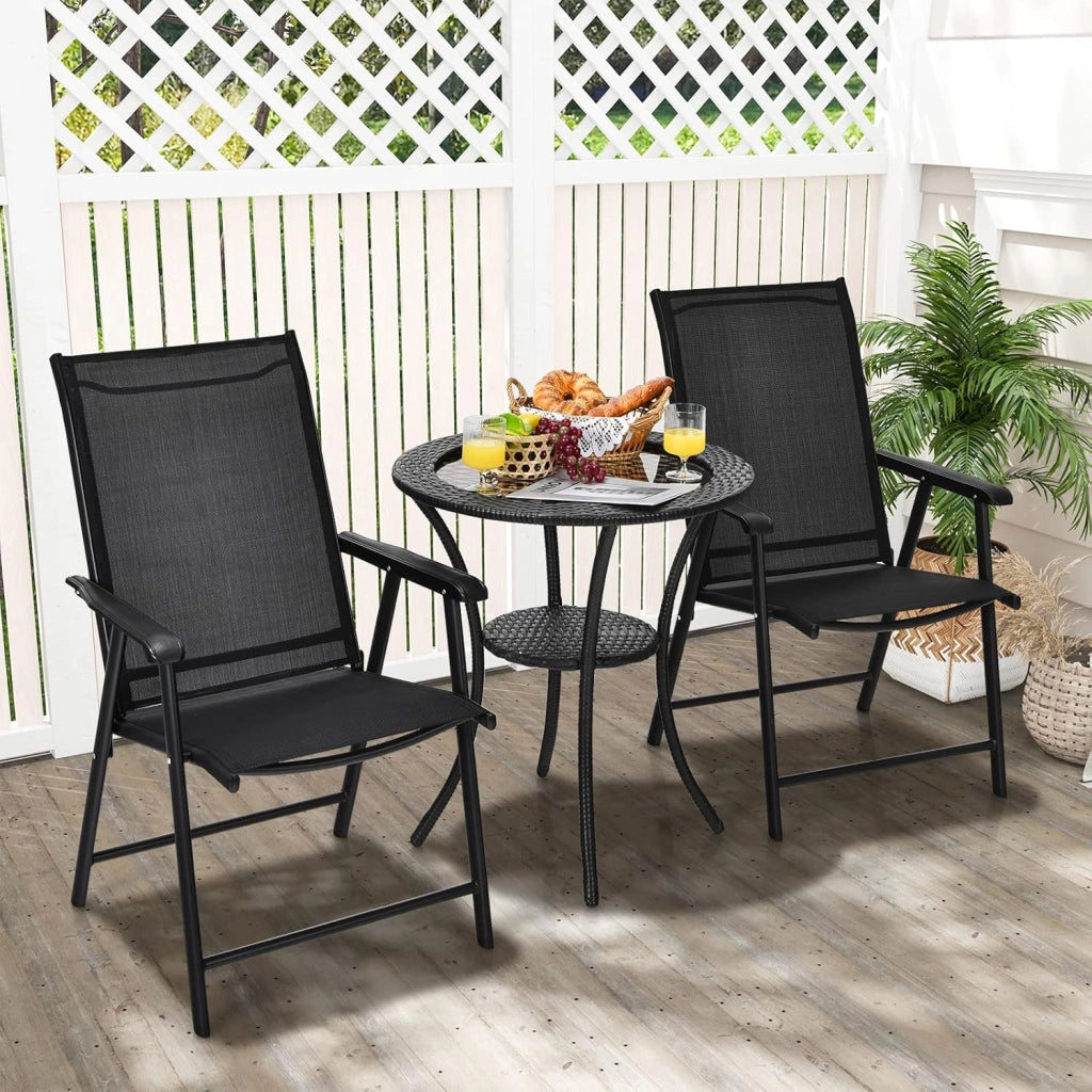 Set di 2 sedie pieghevoli esterne, sedie da giardino in tessuto con braccioli, telaio in metallo, carico 150 kg, sedia da giardino pieghevole per patio, piscina, senza montaggio, nero