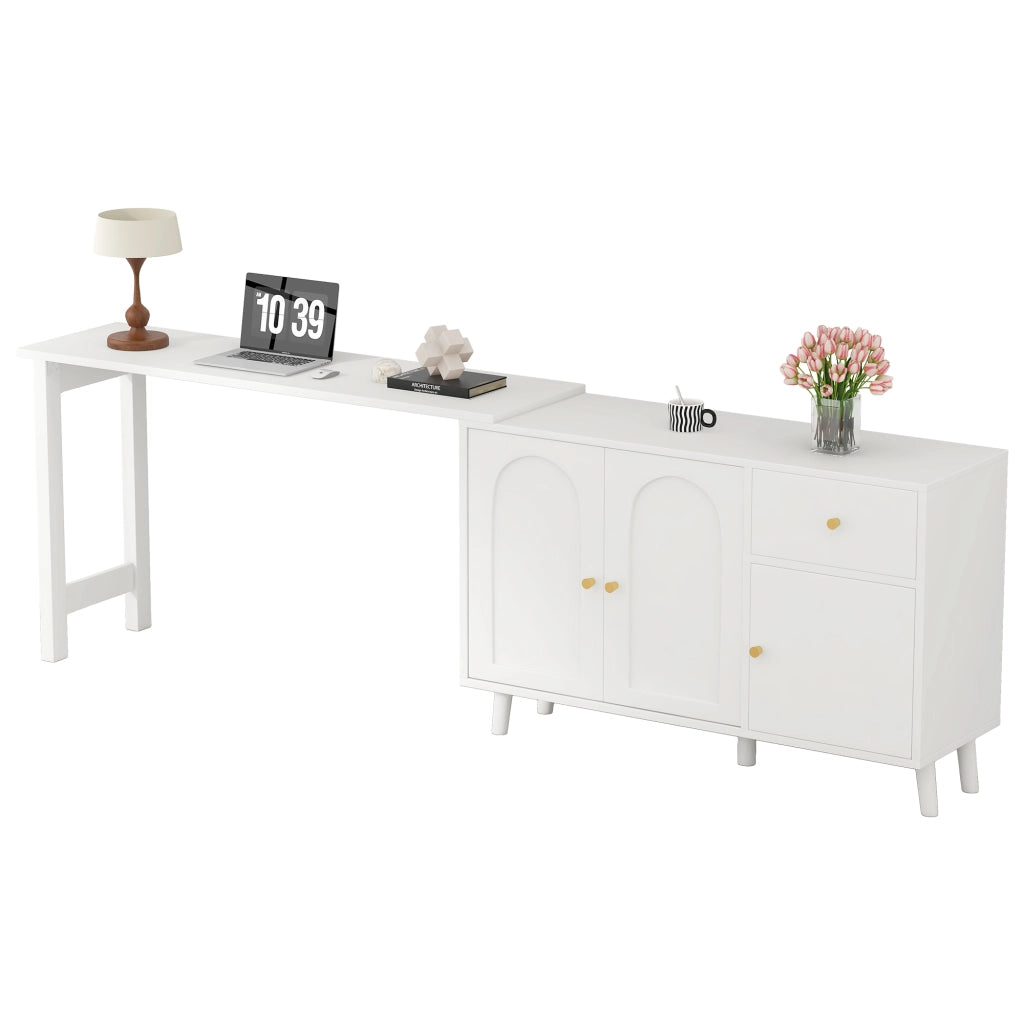 Scrivania girevole 360° con 3 ante e 1 cassetto funzione 2 in 1 per soggiorno e ufficio domestico in truciolare bianco
